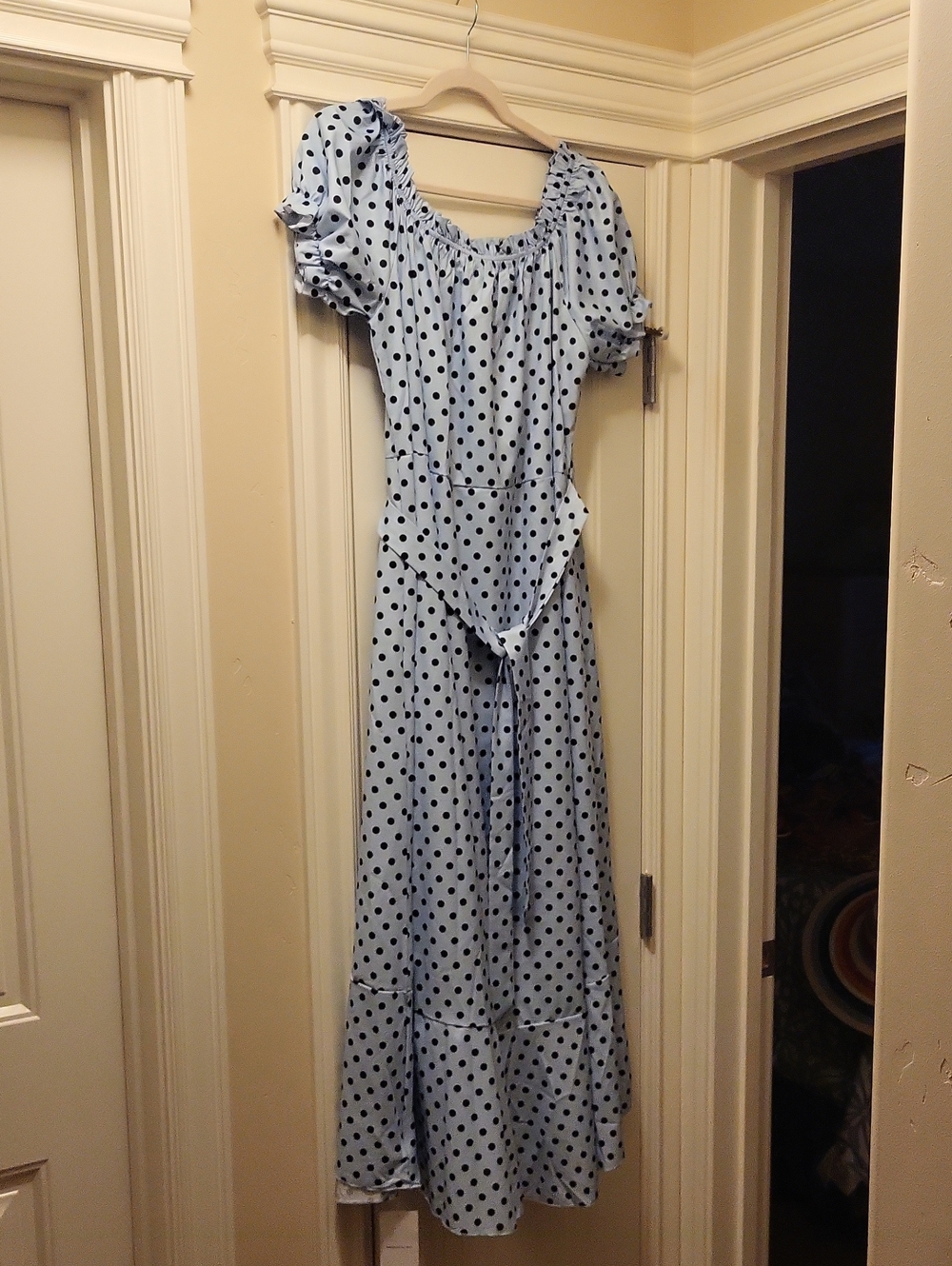 Light Blue Polka Dot Maxi Dress with Puff Sleeves and Tie Waist